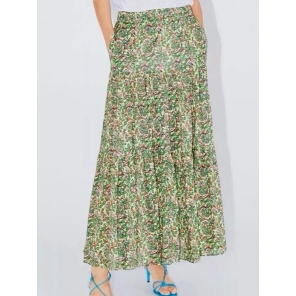 ZARA Floral Maxi Skirt Cotton Pockets Boho Cottagecore A Line Made in India